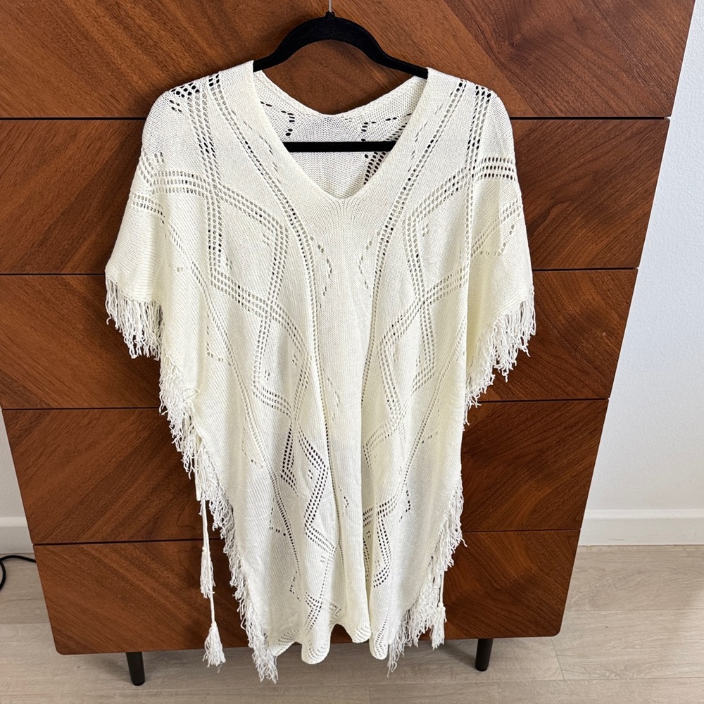 Cream Knit Poncho with Fringe